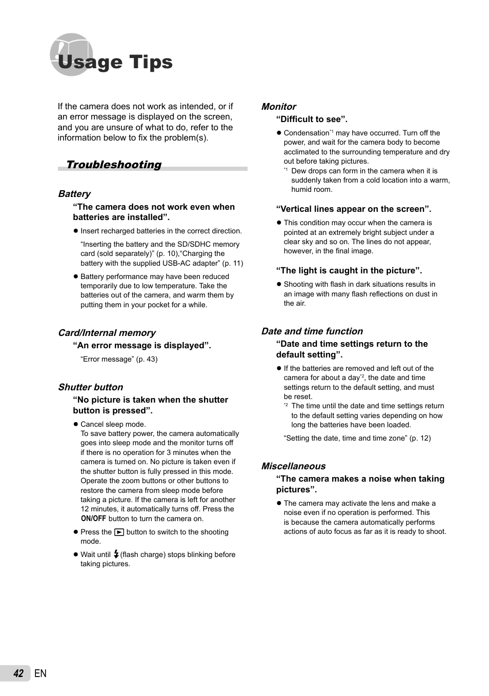 Usage tips, 42 en, Troubleshooting | Olympus FE-4040 User Manual | Page 42 / 61