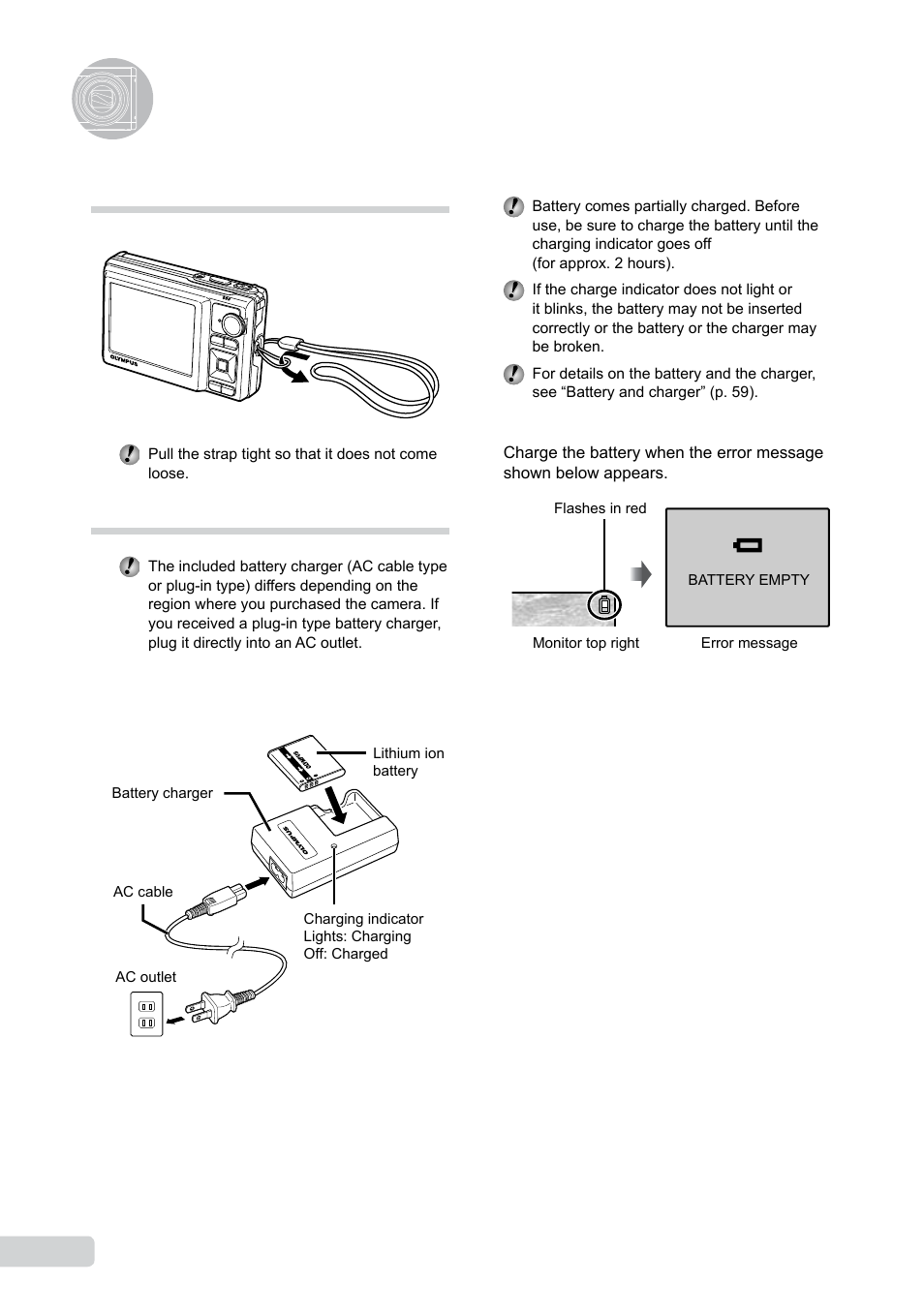 Preparing the camera, Attaching the camera strap, Charging the battery | 10 en | Olympus 9000 User Manual | Page 10 / 73