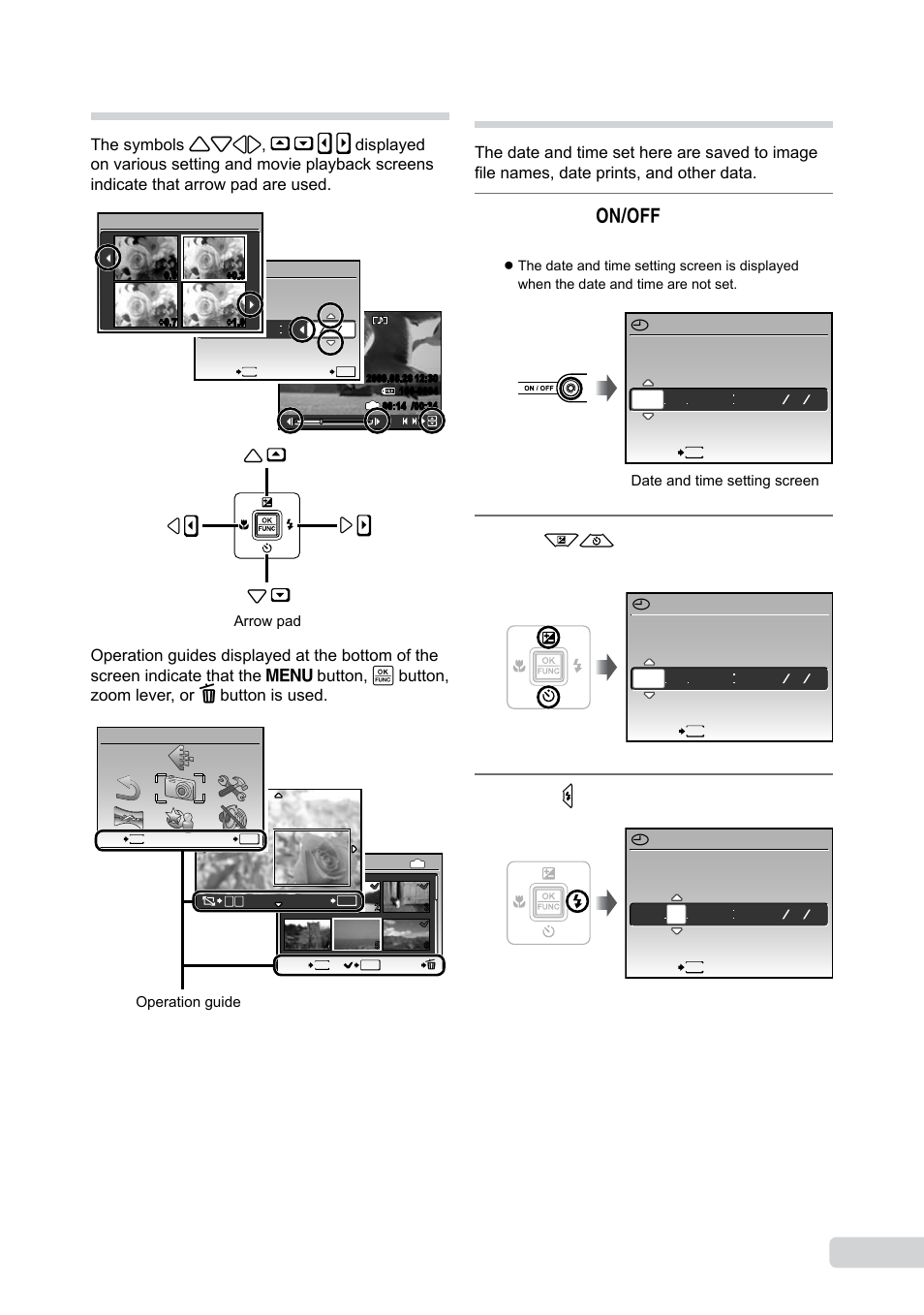 Arrow pad and operation guide, Setting the date and time, 1 en arrow pad and operation guide | Press the n button to turn on the camera, Use kl to select the year for [y, Press n to save the setting for [y | Olympus 9000 User Manual | Page 13 / 73