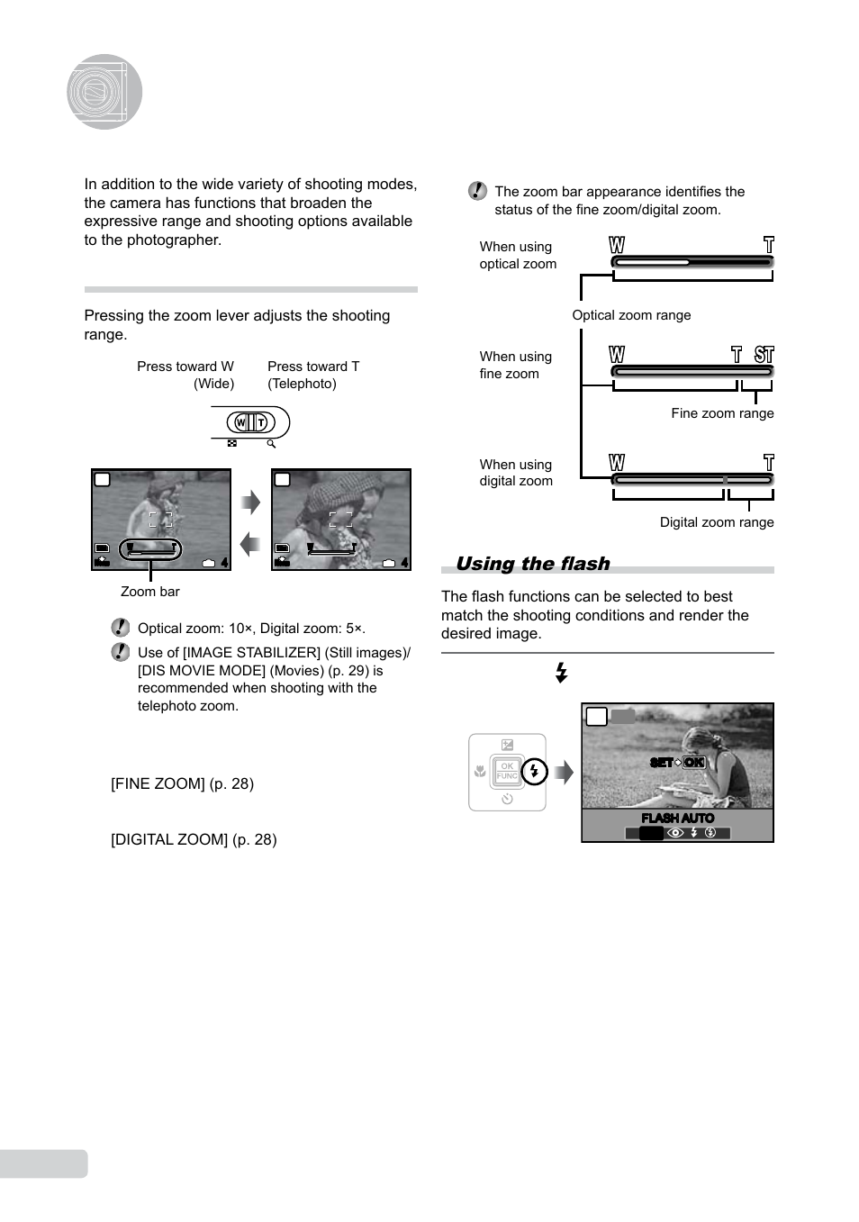 Using shooting functions, Using the optical zoom, Using the flash | 0 en, Press the # button | Olympus 9000 User Manual | Page 20 / 73