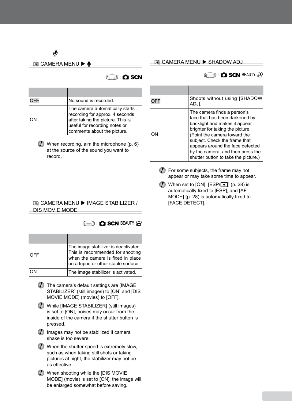 Recording sound when shooting still images, Brightening the subject against backlight, Recording sound when shooting still images [ r | Olympus 9000 User Manual | Page 29 / 73