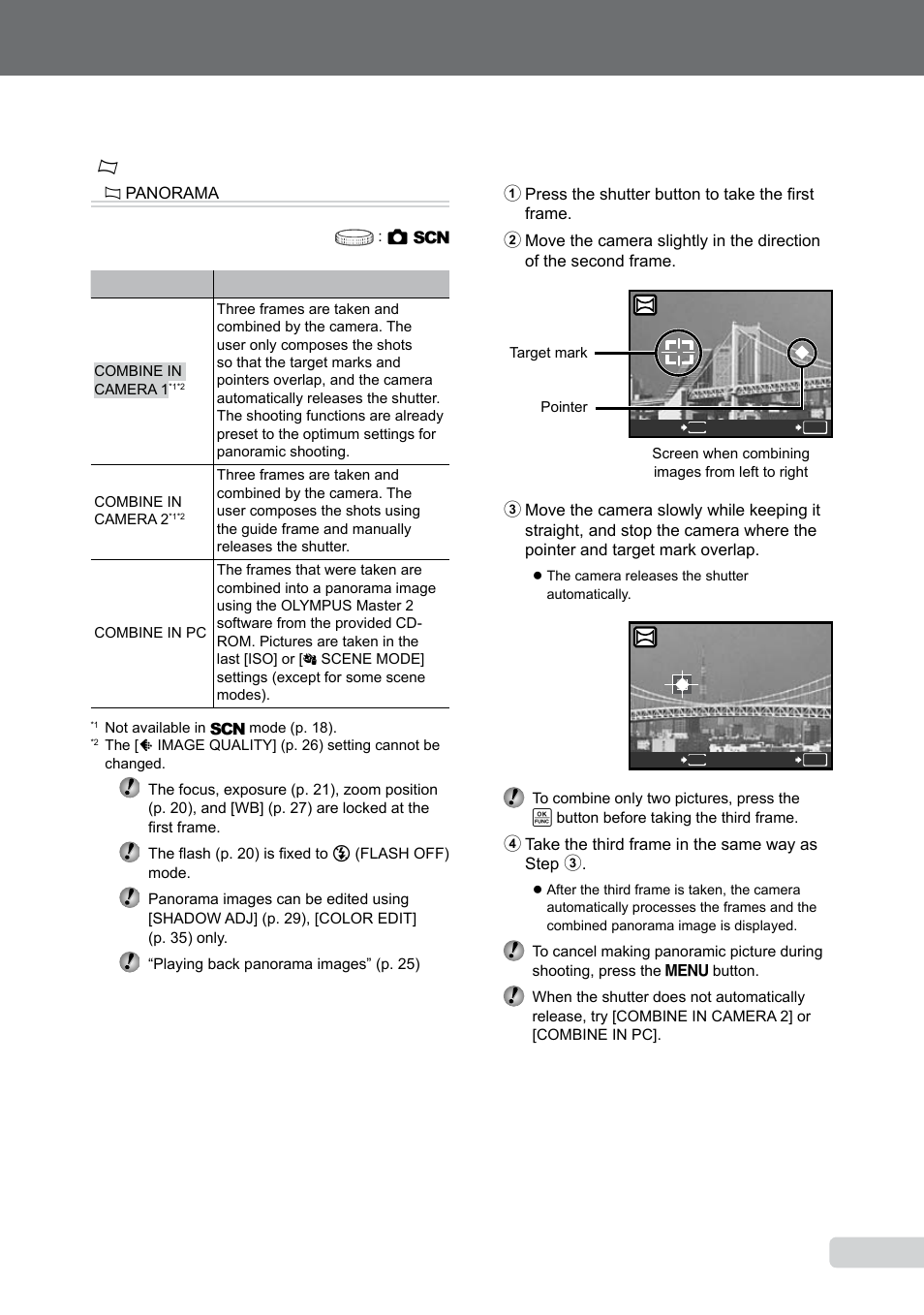 Creating panoramic images, 1 en, Creating panoramic images [ n panorama | Olympus 9000 User Manual | Page 31 / 73