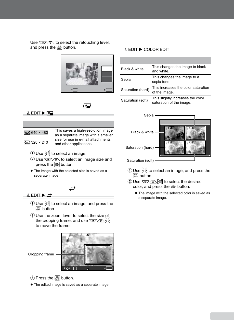 Changing the image size, Cropping a picture, Changing the color tone of image | Changing the image size [ q, Cropping a picture [ p, Changing the color tone of image [color edit | Olympus 9000 User Manual | Page 35 / 73