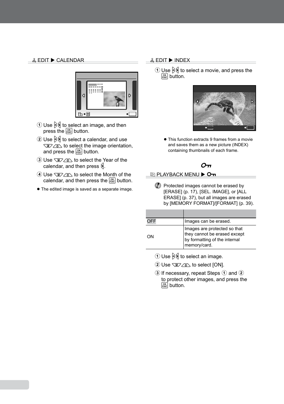 Adding a calendar to an image, Creating an index of 9 frames from a movie, Protecting images | Adding a calendar to an image [calendar, Creating an index of 9 frames from a movie [index, Protecting images [ 0 | Olympus 9000 User Manual | Page 36 / 73