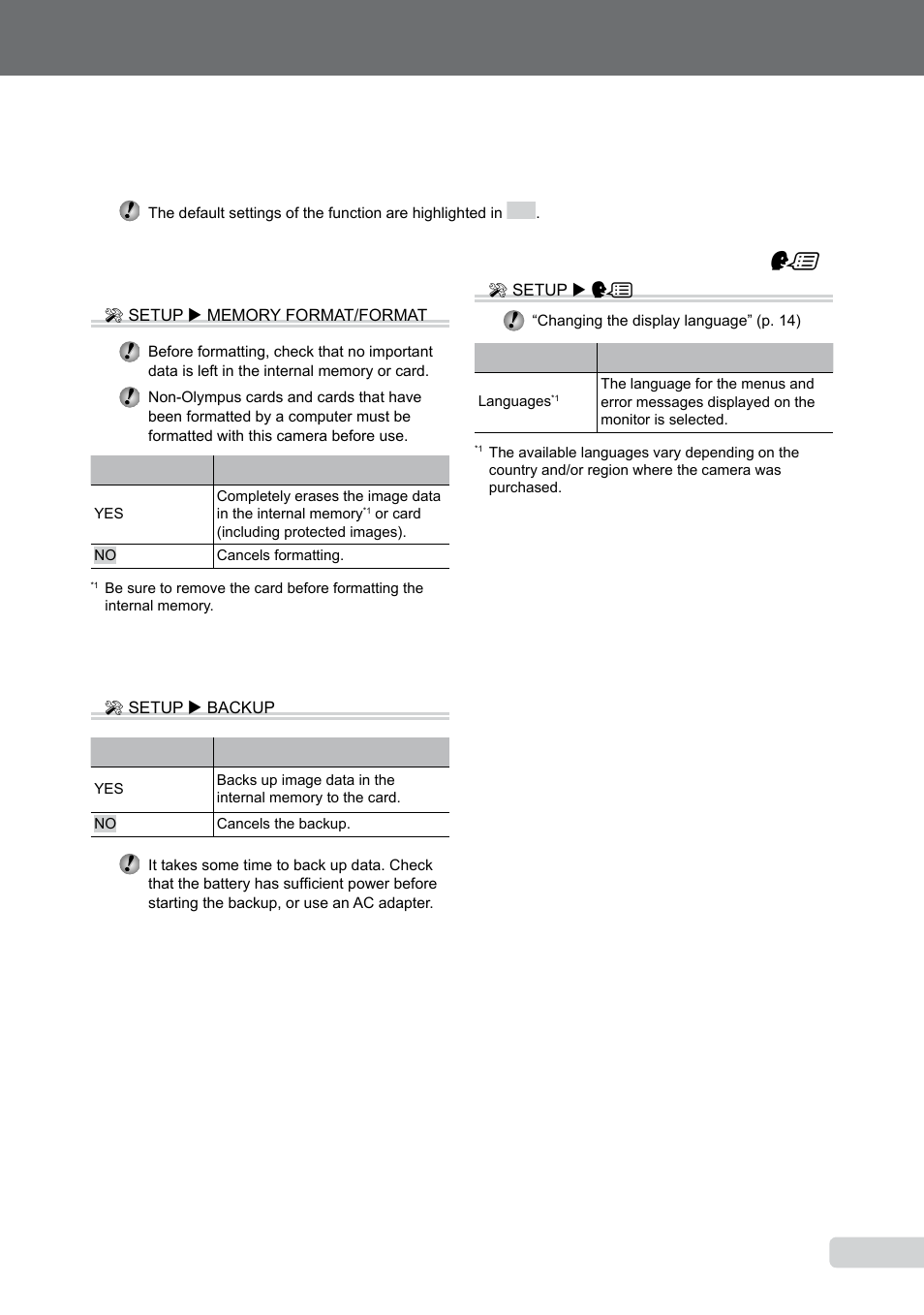 Menus for other camera settings, Erasing data completely, Copying images in the internal memory to the card | Changing the display language, Changing the display language [ w | Olympus 9000 User Manual | Page 39 / 73