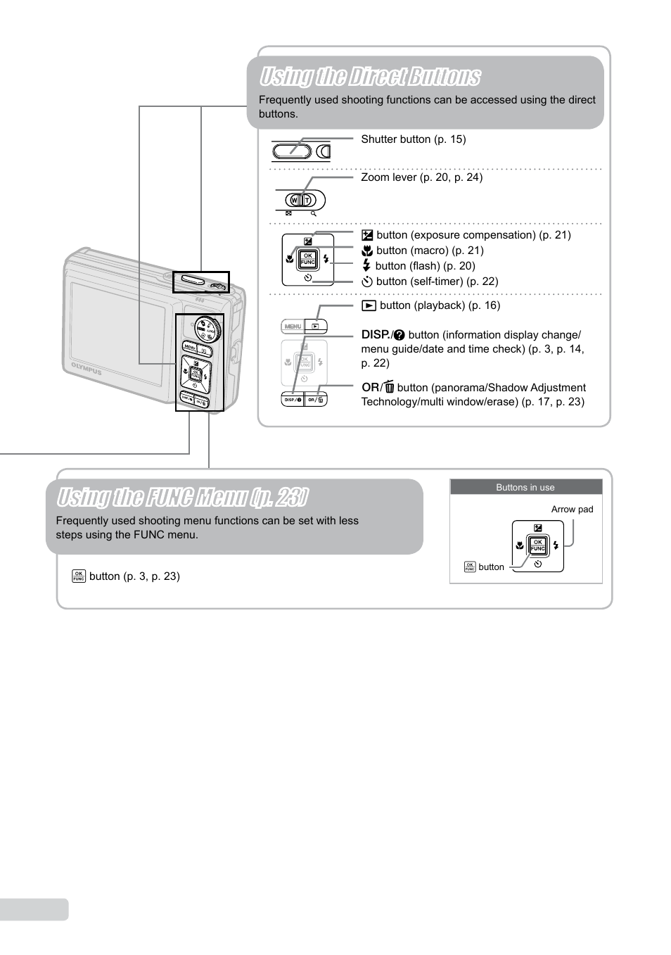 Using the func menu (p. 23), Using the direct buttons | Olympus 9000 User Manual | Page 4 / 73