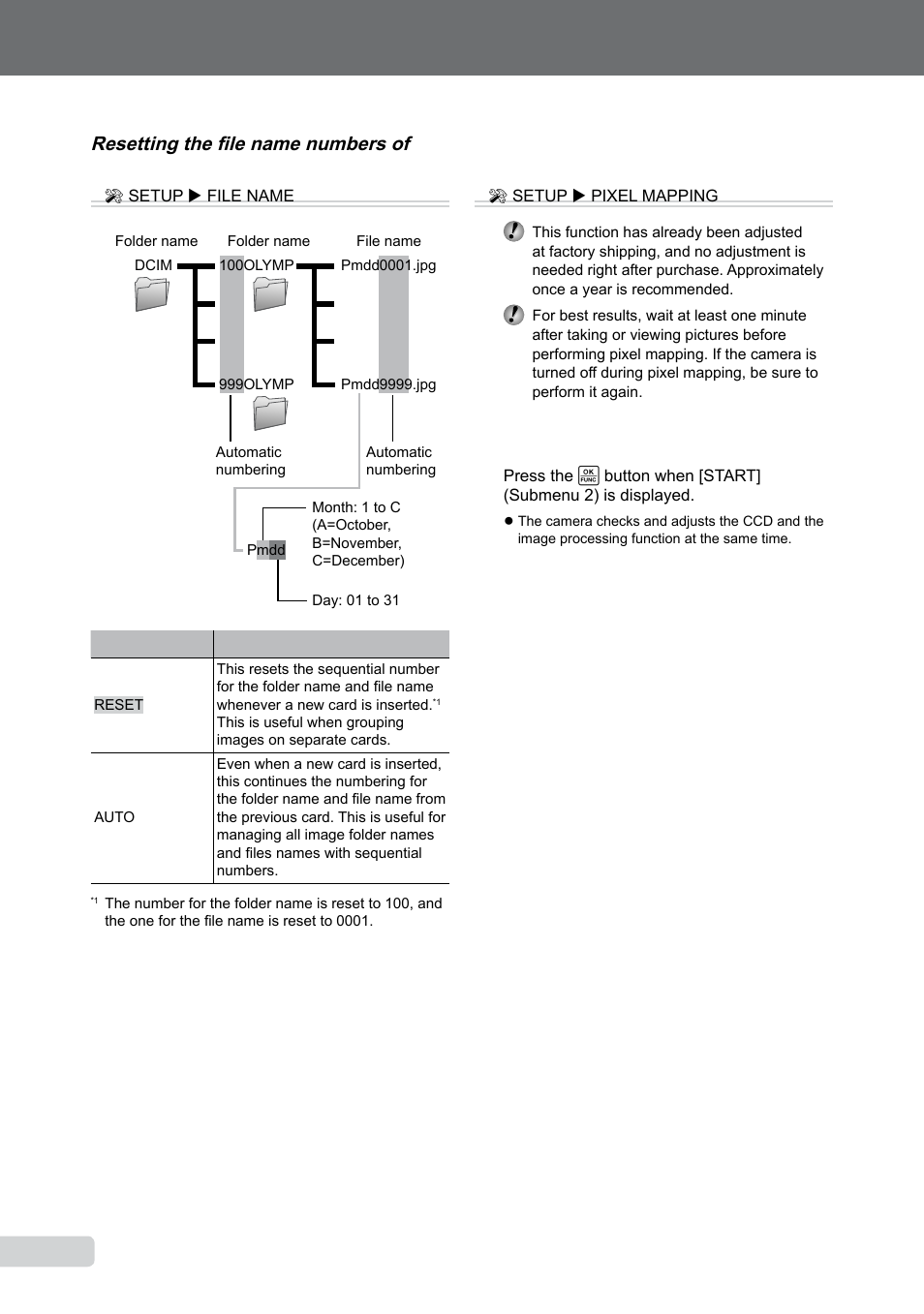 Resetting the file name numbers of pictures | Olympus 9000 User Manual | Page 42 / 73