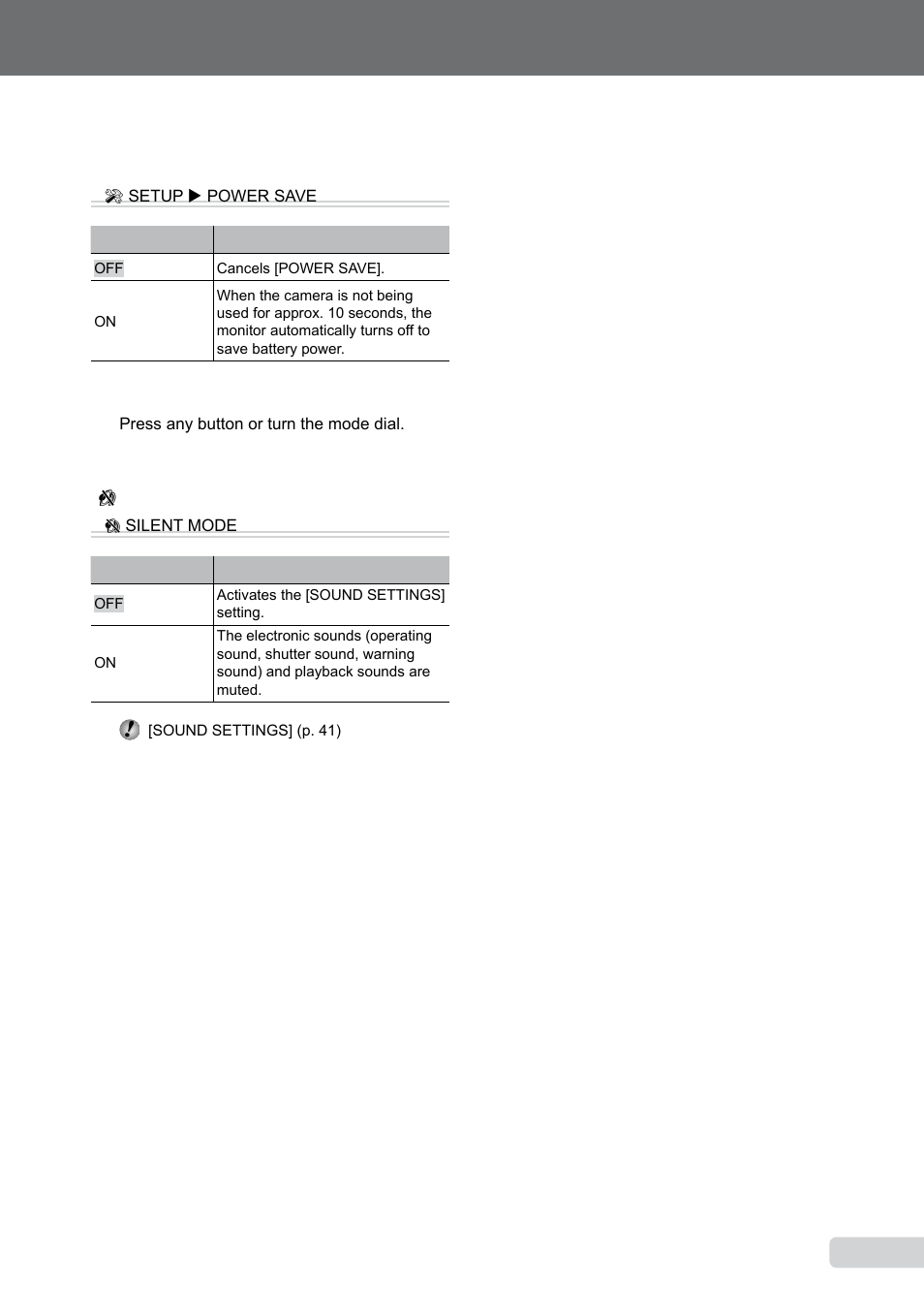 Saving battery power between shots, Turning off the camera sounds, Saving battery power between shots [power save | Turning off the camera sounds [ f silent mode | Olympus 9000 User Manual | Page 45 / 73