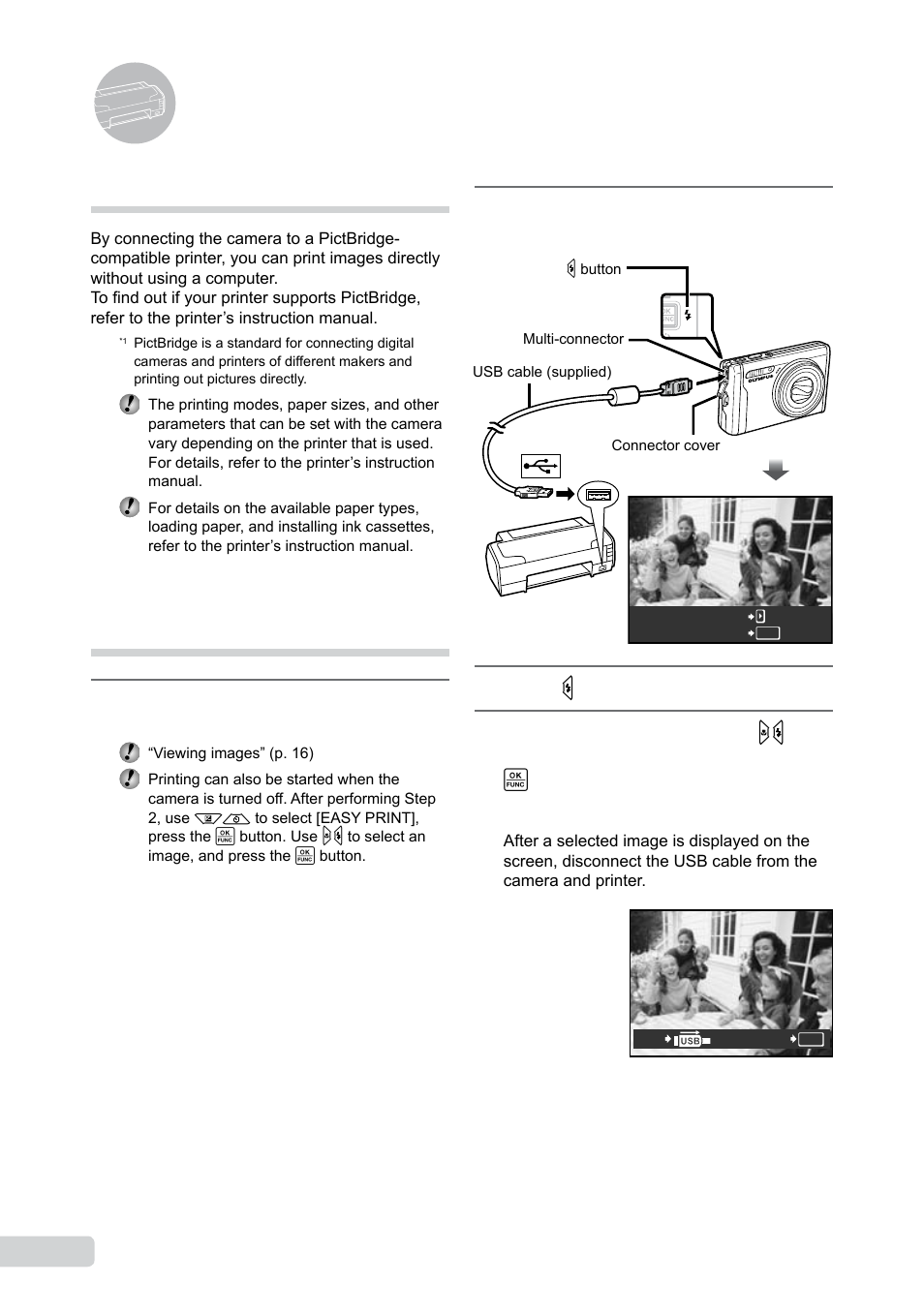 Printing, Direct printing (pictbridge), Printing images at the printer’s standard settings | Direct printing (pictbridge | Olympus 9000 User Manual | Page 46 / 73