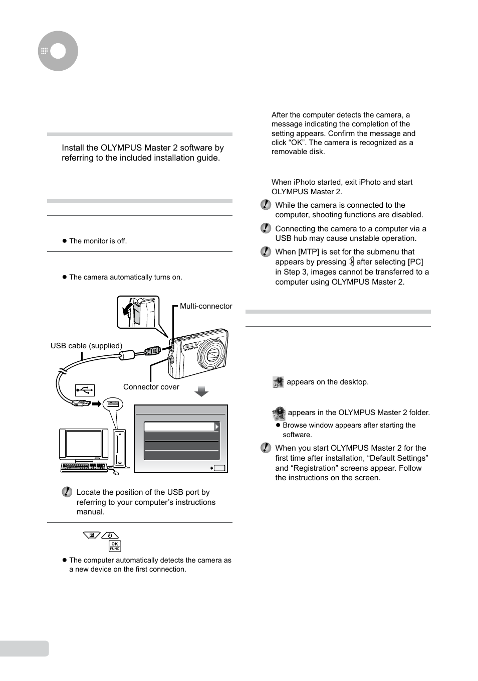 Using olympus master 2, Connecting the camera to a computer, Starting olympus master 2 | Olympus 9000 User Manual | Page 52 / 73