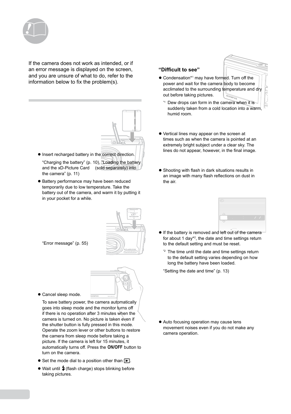 Usage tips, Troubleshooting, Battery | Shutter button, Monitor, Date and time function, Others | Olympus 9000 User Manual | Page 54 / 73