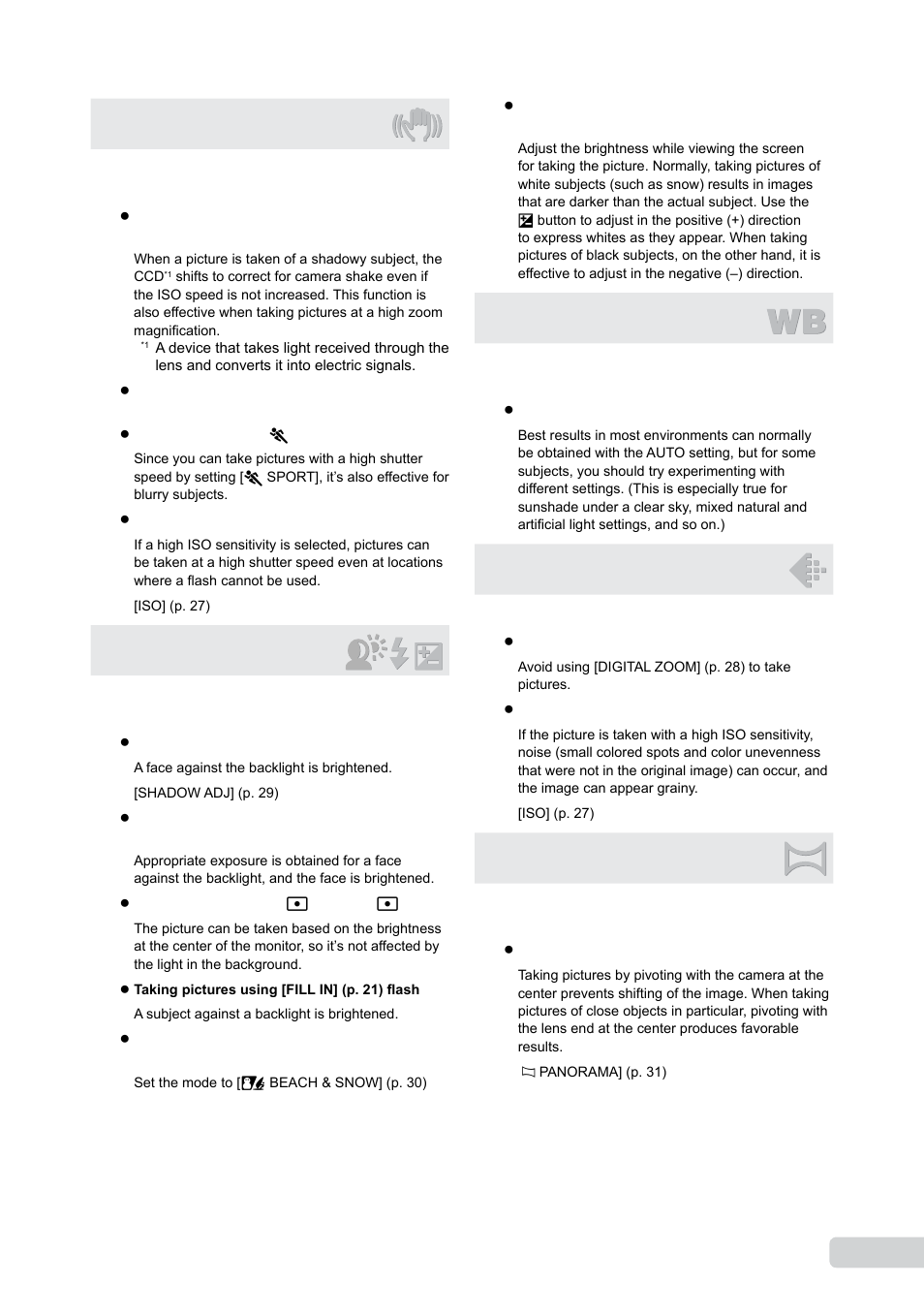 Camera shake, Exposure (brightness), Color hue | Image quality, Panorama | Olympus 9000 User Manual | Page 57 / 73