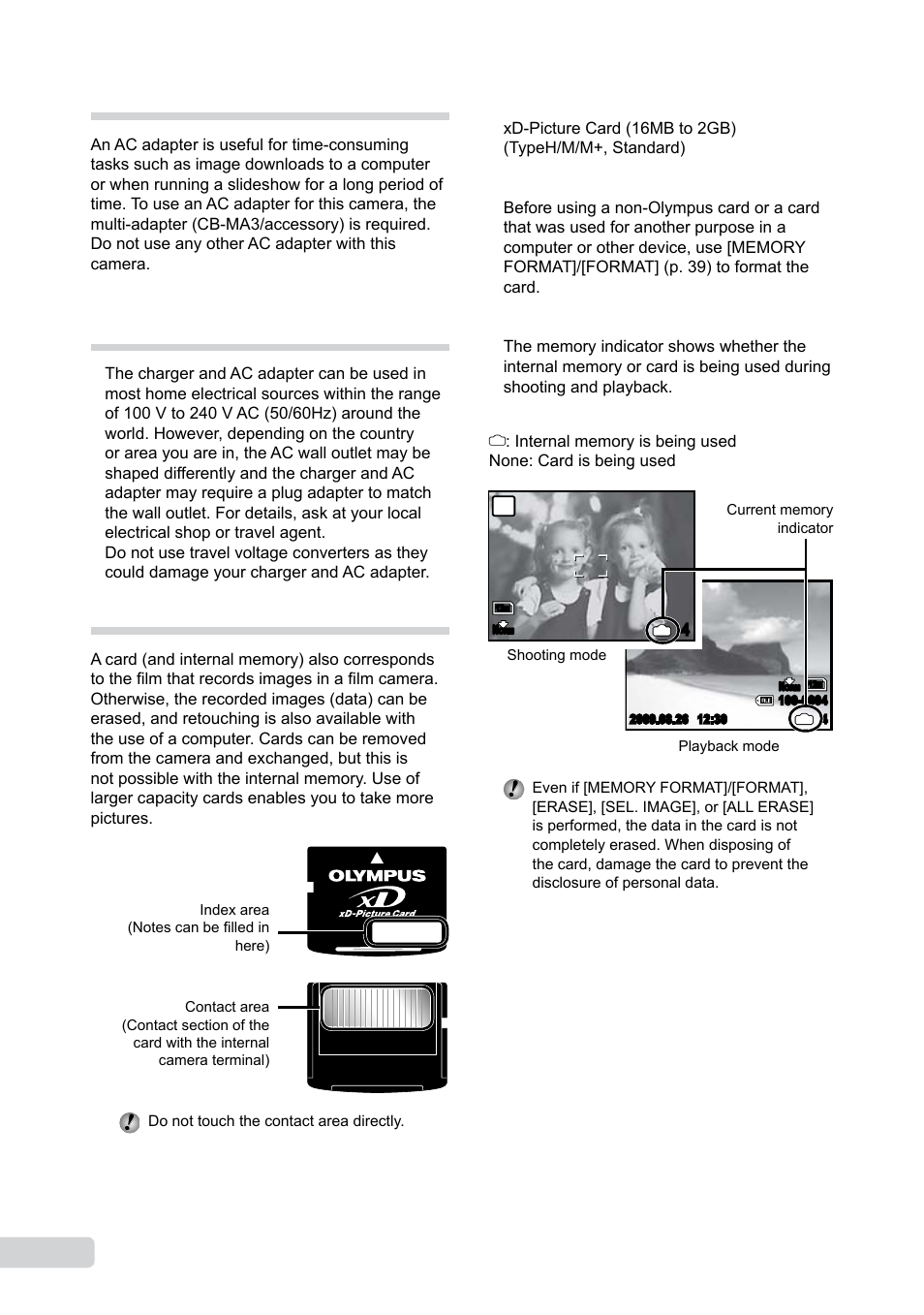 Using an ac adapter, Using your charger and ac adapter abroad, Using an xd-picture card | 0 en using an ac adapter | Olympus 9000 User Manual | Page 60 / 73