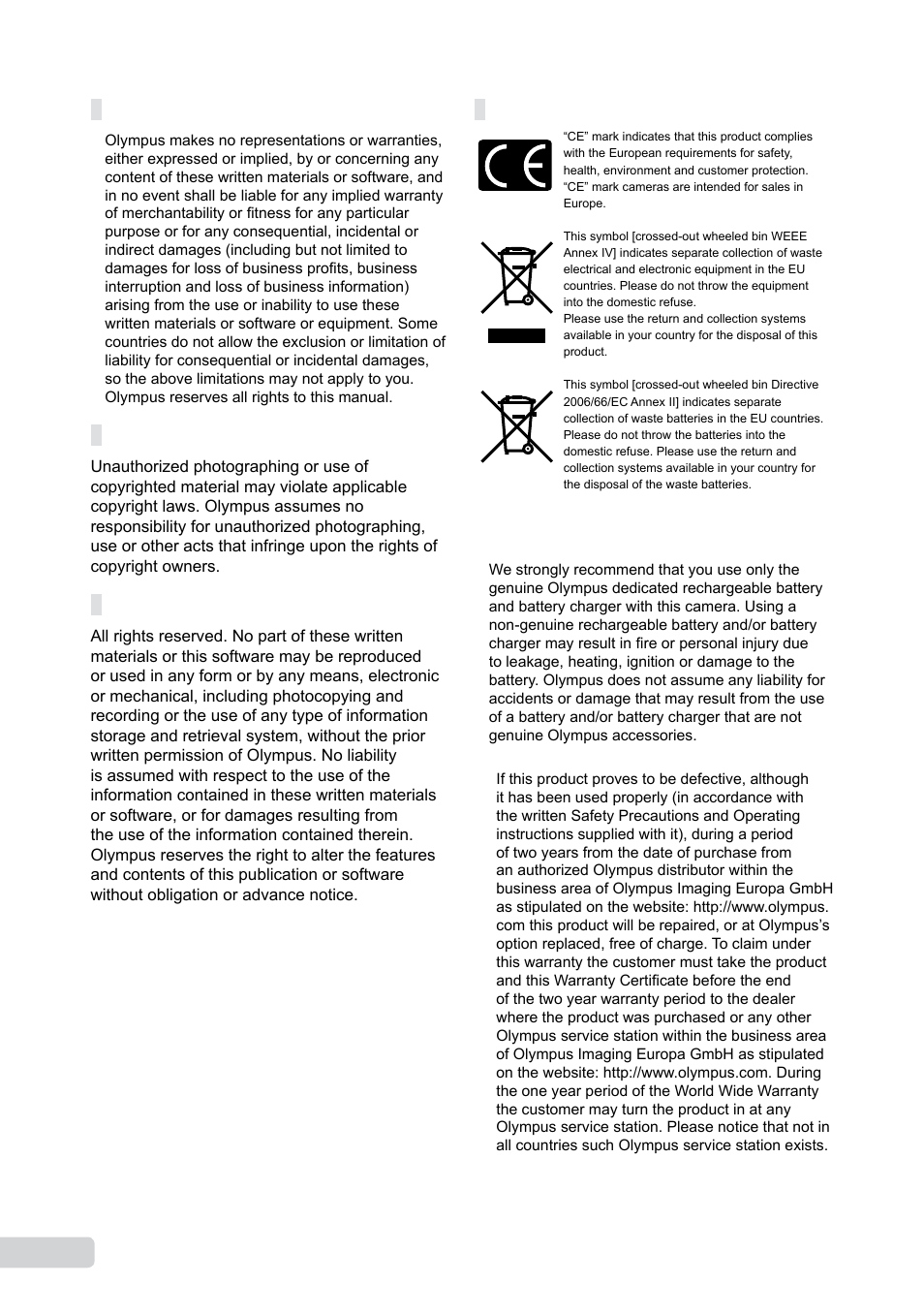 Disclaimer of warranty, Warning, Copyright notice | For customers in europe | Olympus 9000 User Manual | Page 66 / 73