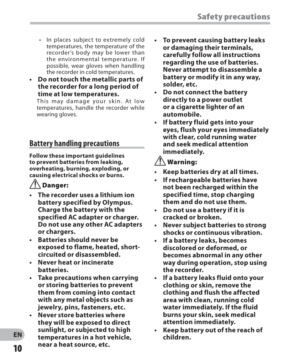 Battery handling precautions, Safety precautions | Olympus DM-5 User Manual | Page 10 / 187
