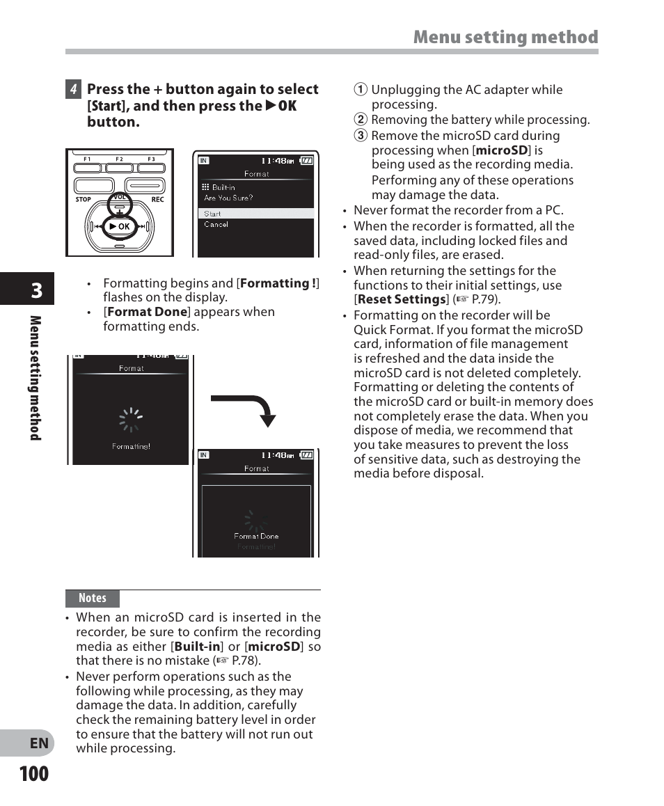 Menu setting method | Olympus DM-5 User Manual | Page 100 / 187