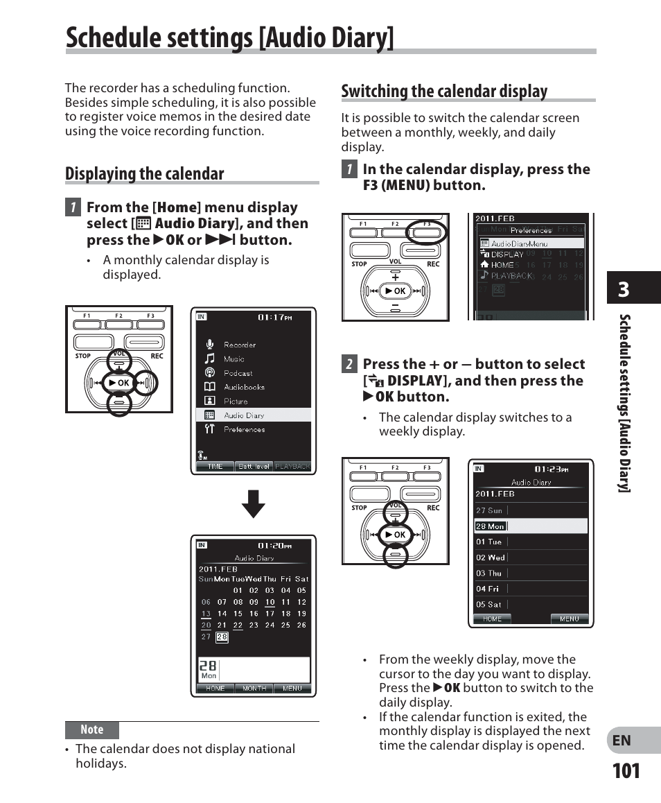 Schedule settings [audio diary, Displaying the calendar, Switching the calendar display | Olympus DM-5 User Manual | Page 101 / 187
