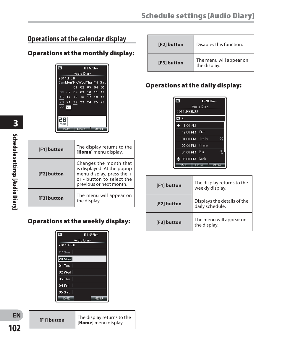 Operations at the calendar display, Schedule settings [audio diary | Olympus DM-5 User Manual | Page 102 / 187