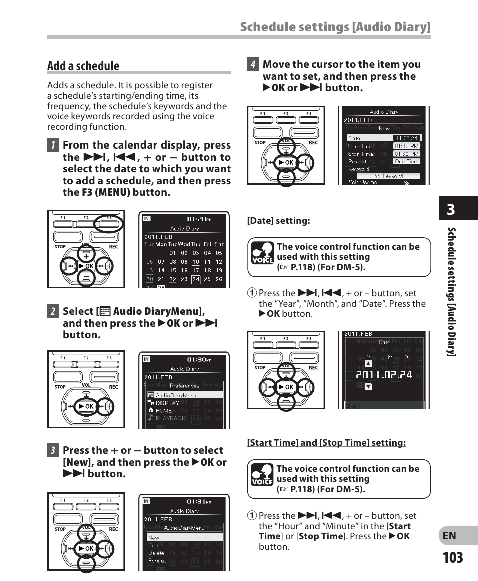 Add a schedule, Schedule settings [audio diary | Olympus DM-5 User Manual | Page 103 / 187