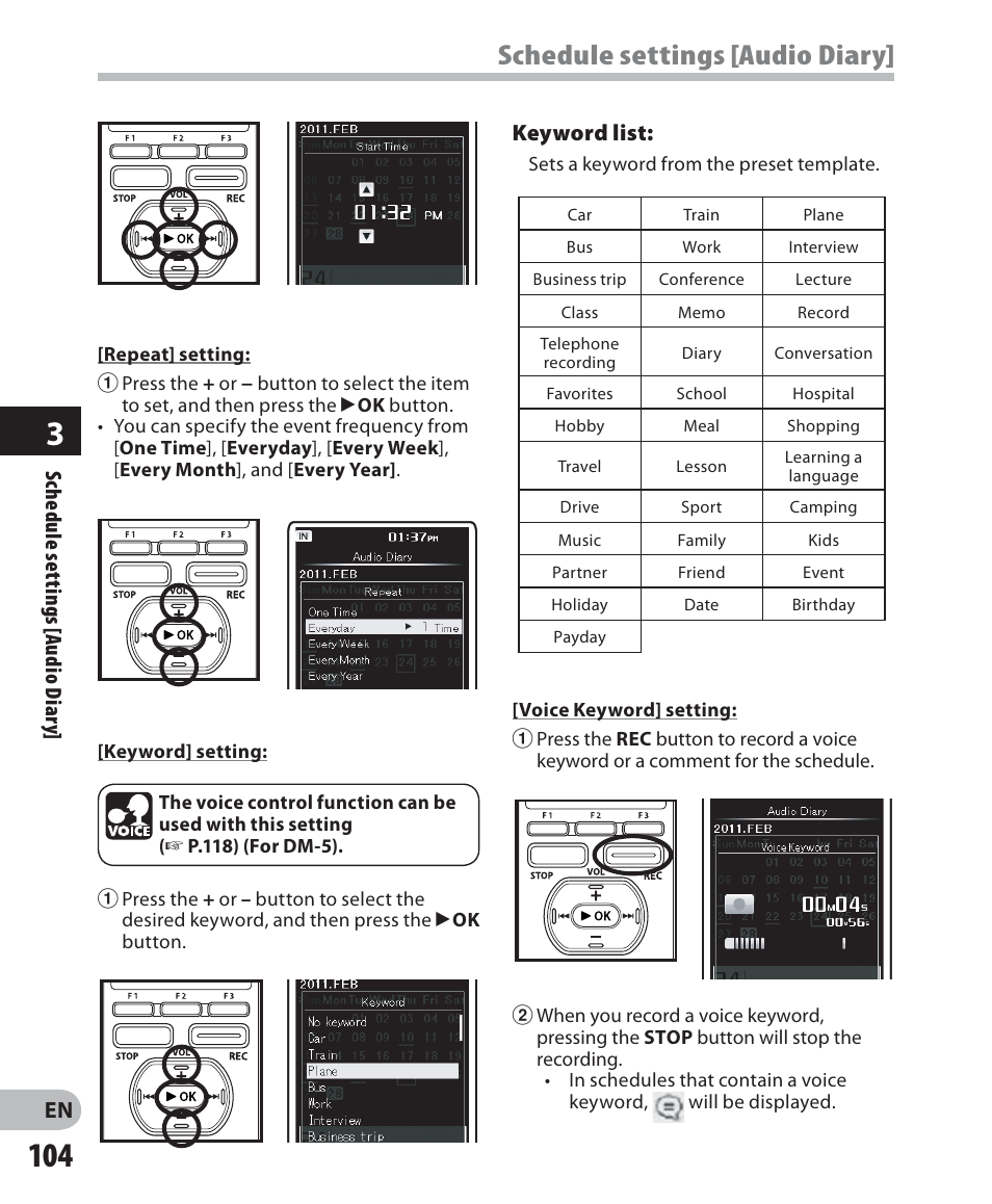 Schedule settings [audio diary | Olympus DM-5 User Manual | Page 104 / 187