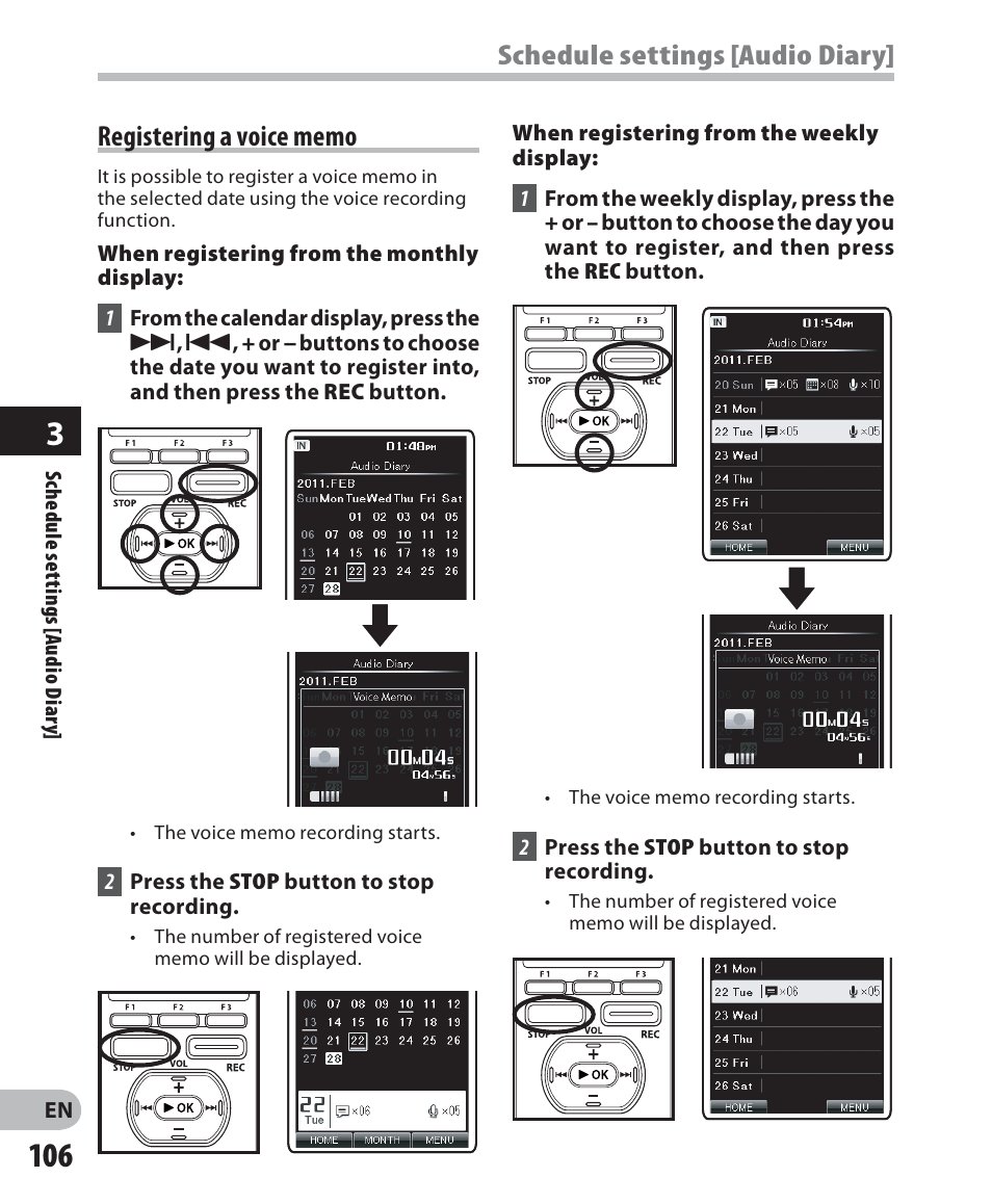 Schedule settings [audio diary | Olympus DM-5 User Manual | Page 106 / 187