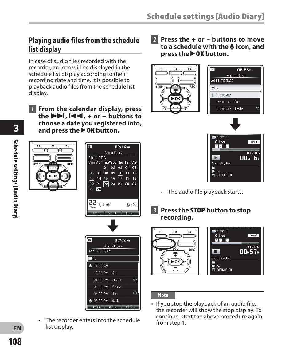 Schedule settings [audio diary, Playing audio files from the schedule list display | Olympus DM-5 User Manual | Page 108 / 187