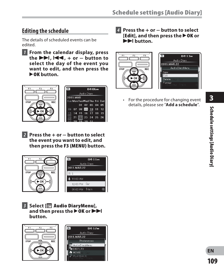 Editing the schedule, Schedule settings [audio diary | Olympus DM-5 User Manual | Page 109 / 187