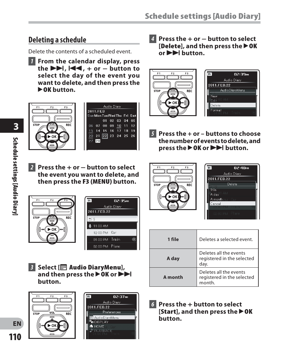 Deleting a schedule, Schedule settings [audio diary | Olympus DM-5 User Manual | Page 110 / 187