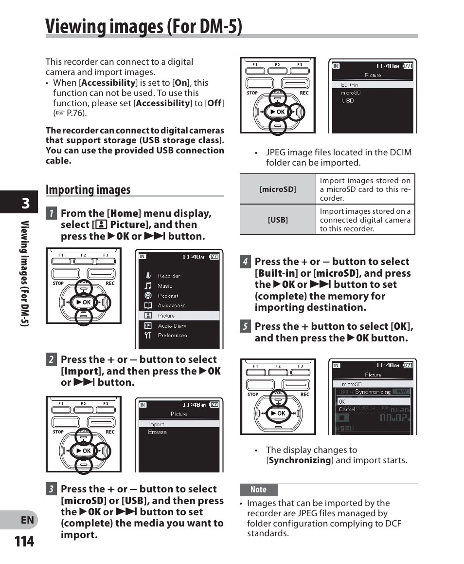 Viewing images (for dm-5), Importing images | Olympus DM-5 User Manual | Page 114 / 187