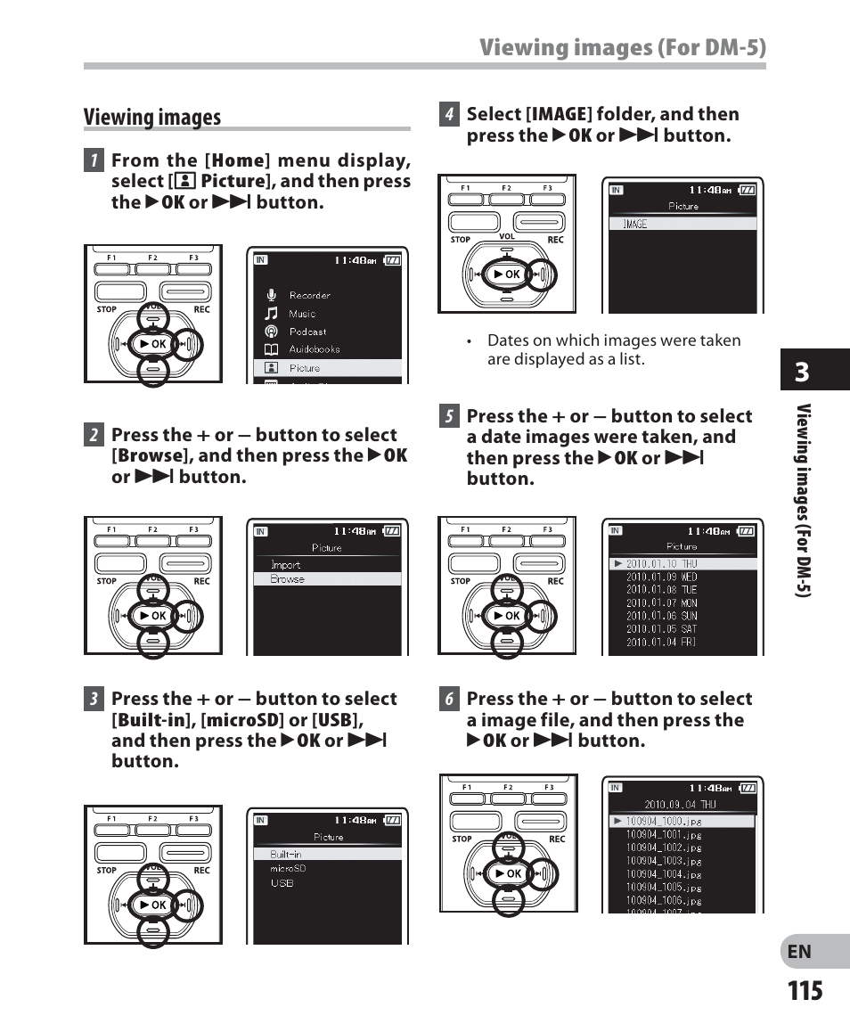 Viewing images (for dm-5) viewing images | Olympus DM-5 User Manual | Page 115 / 187