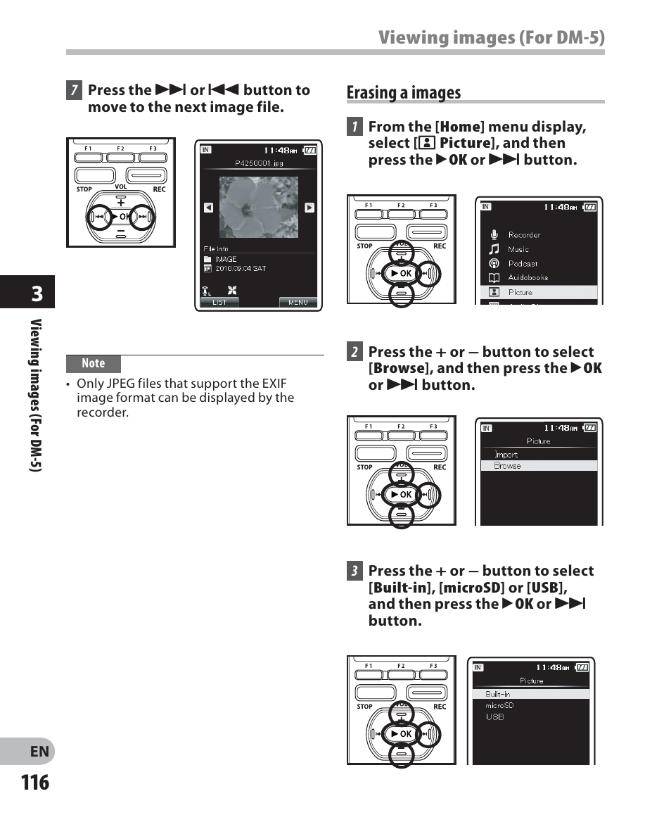 Erasing a images, Viewing images (for dm-5) | Olympus DM-5 User Manual | Page 116 / 187