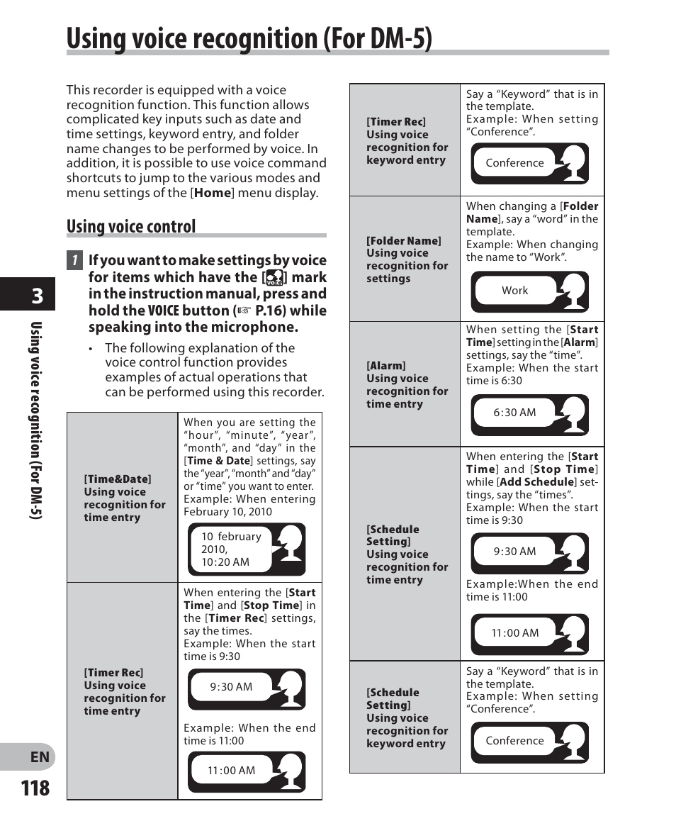 Using voice recognition (for dm-5), Using voice control | Olympus DM-5 User Manual | Page 118 / 187