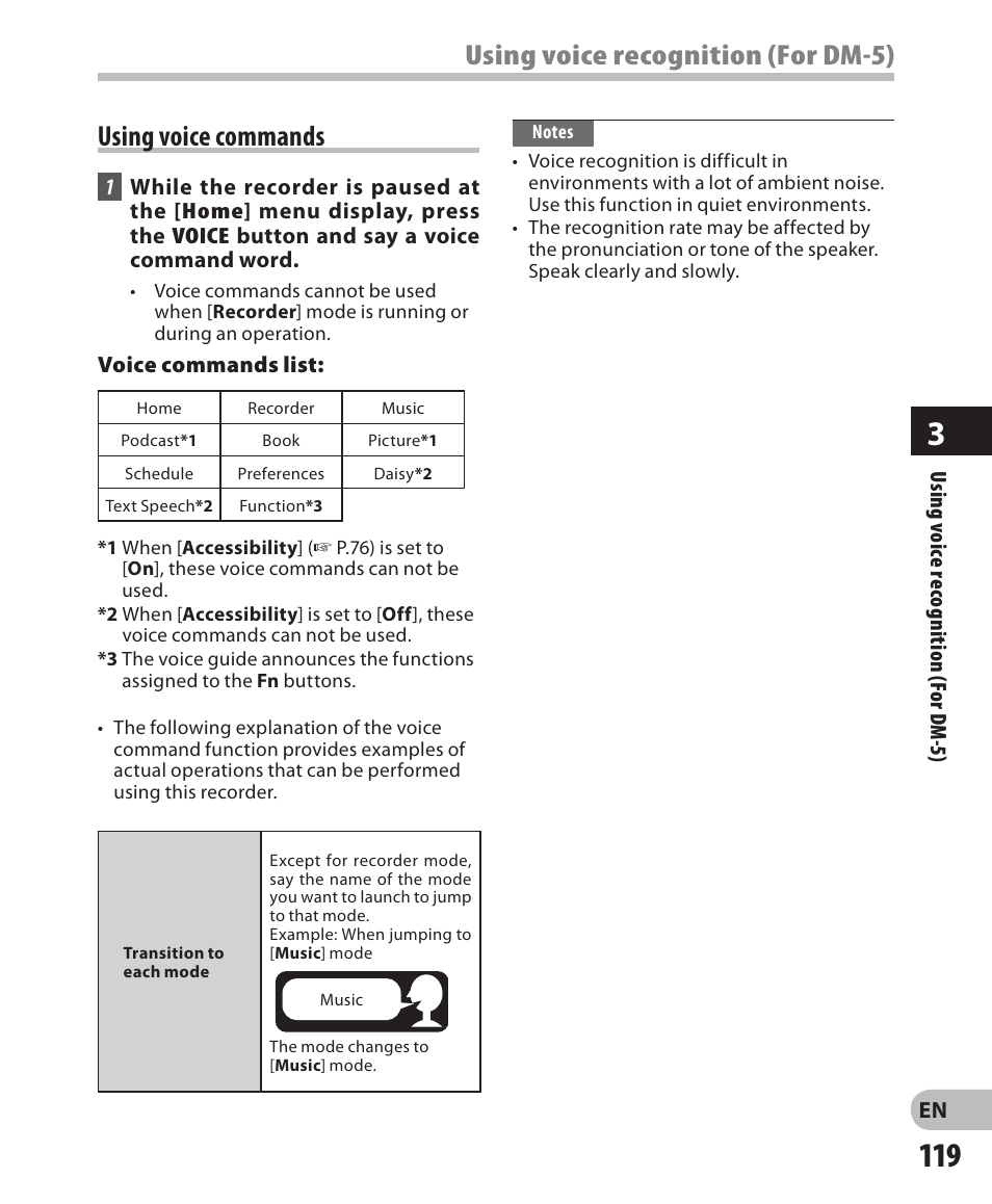 Using voice commands, Using voice recognition (for dm-5) | Olympus DM-5 User Manual | Page 119 / 187