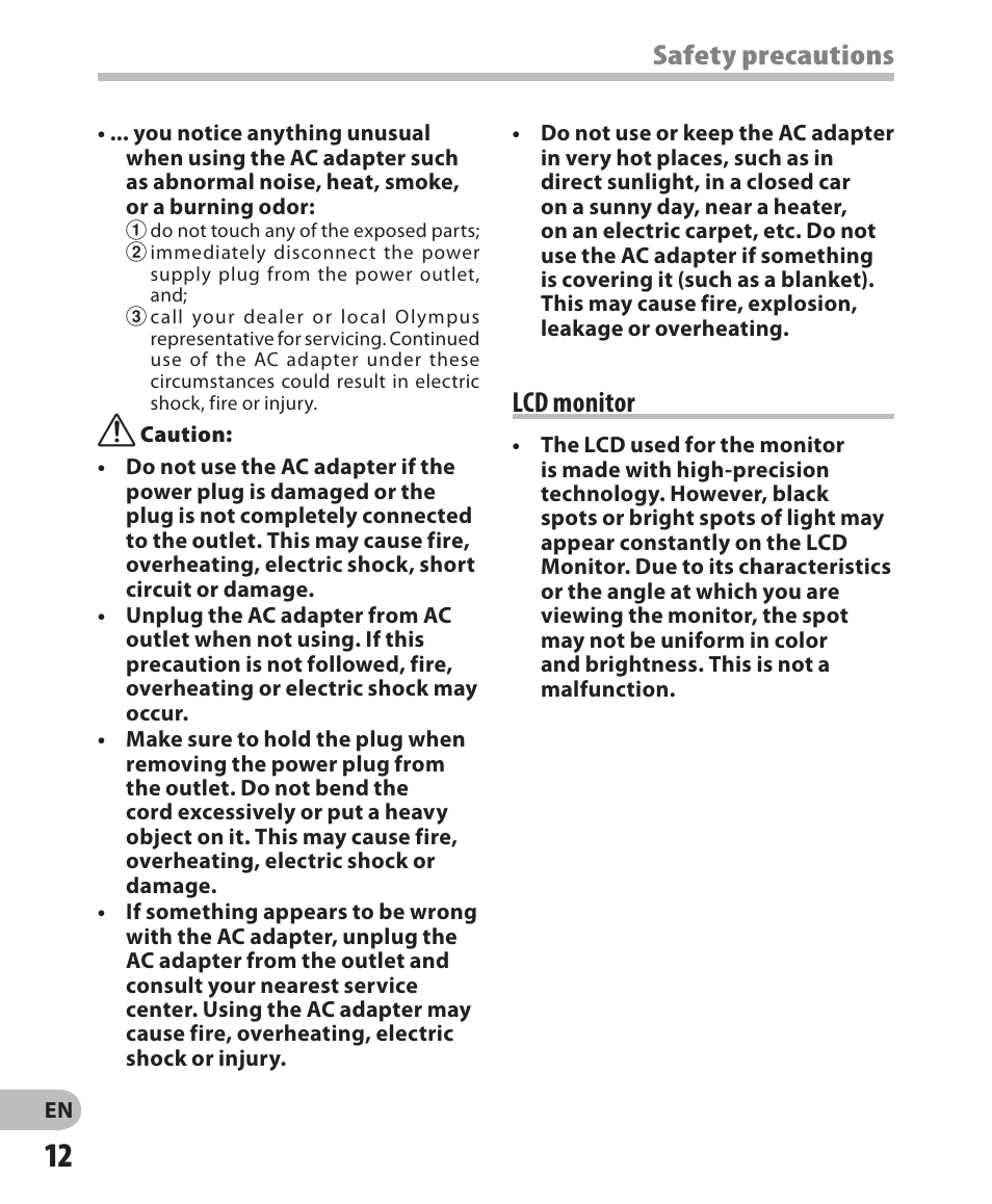 Safety precautions, Lcd monitor | Olympus DM-5 User Manual | Page 12 / 187