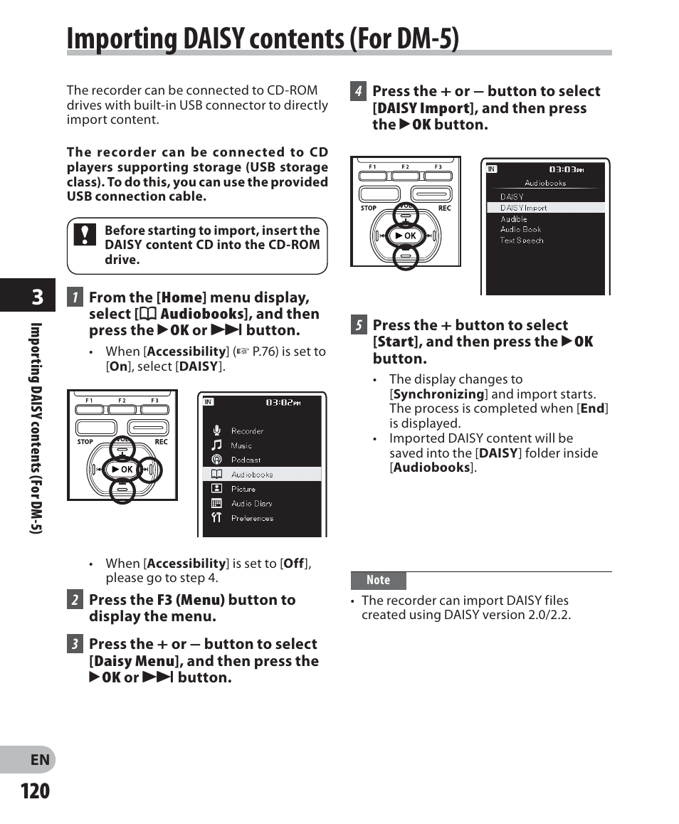 Importing daisy contents (for dm-5) | Olympus DM-5 User Manual | Page 120 / 187