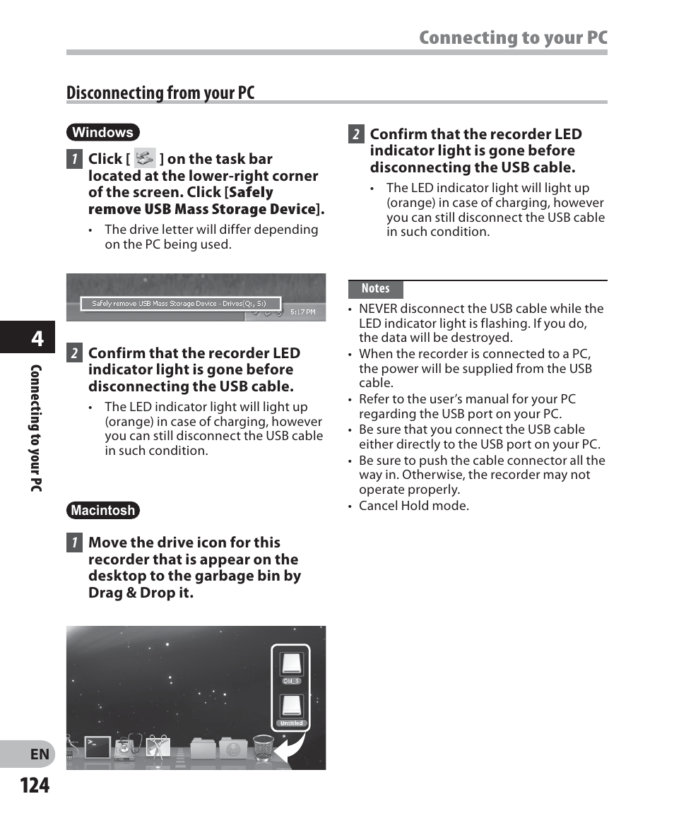 Connecting to your pc disconnecting from your pc | Olympus DM-5 User Manual | Page 124 / 187
