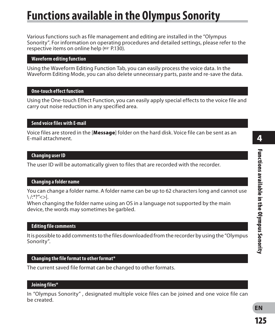Functions available in the olympus sonority | Olympus DM-5 User Manual | Page 125 / 187