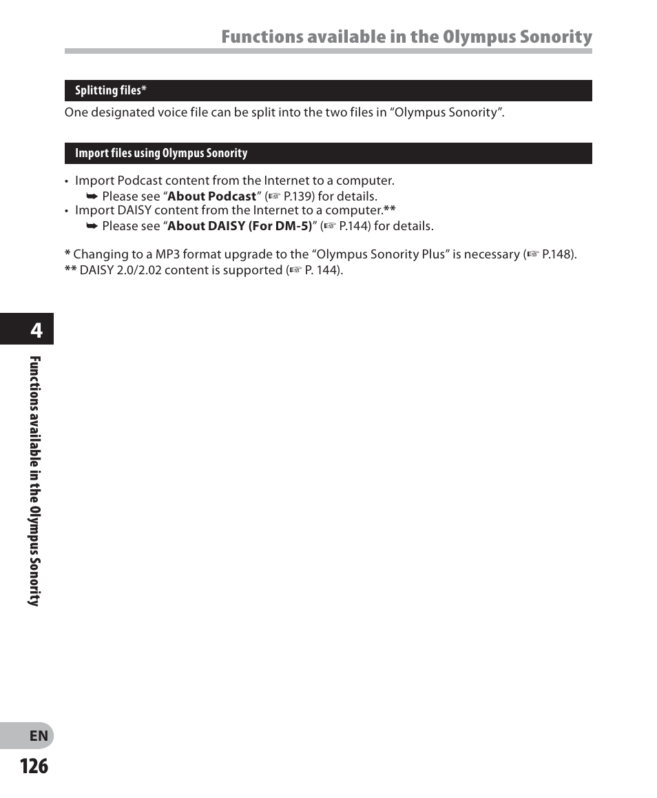 Functions available in the olympus sonority | Olympus DM-5 User Manual | Page 126 / 187