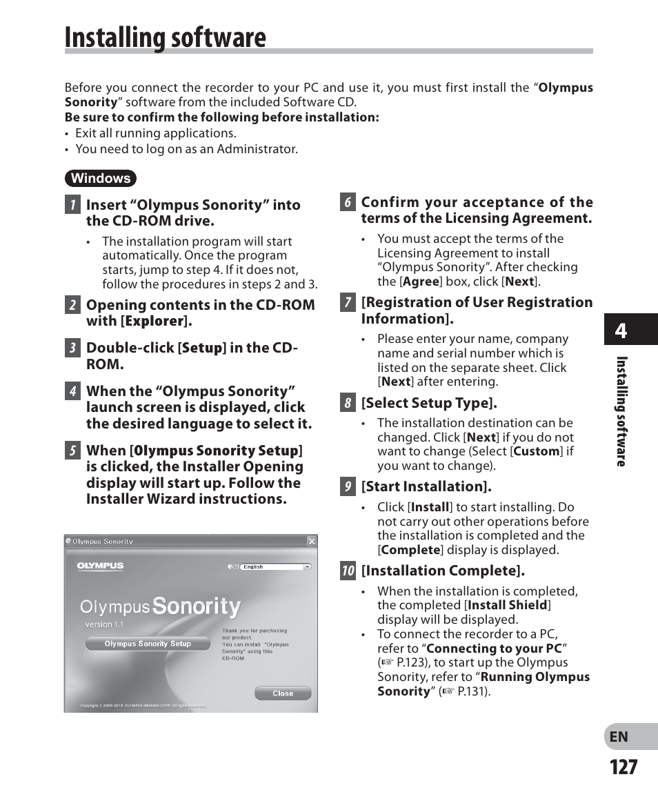 Installing software | Olympus DM-5 User Manual | Page 127 / 187