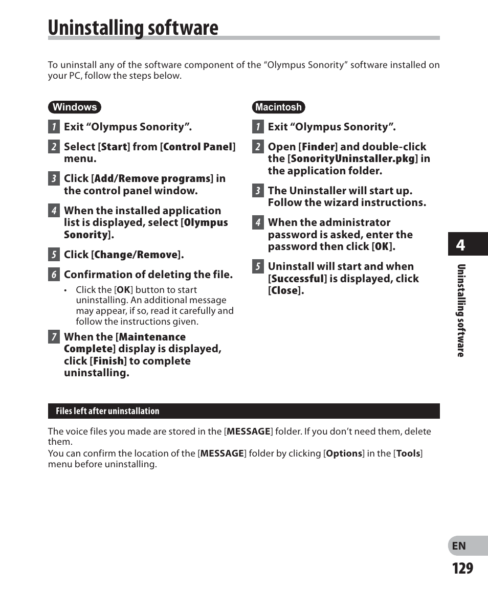 Uninstalling software | Olympus DM-5 User Manual | Page 129 / 187