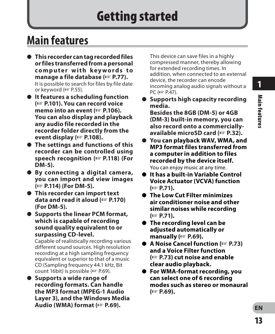 Getting started, Main features | Olympus DM-5 User Manual | Page 13 / 187