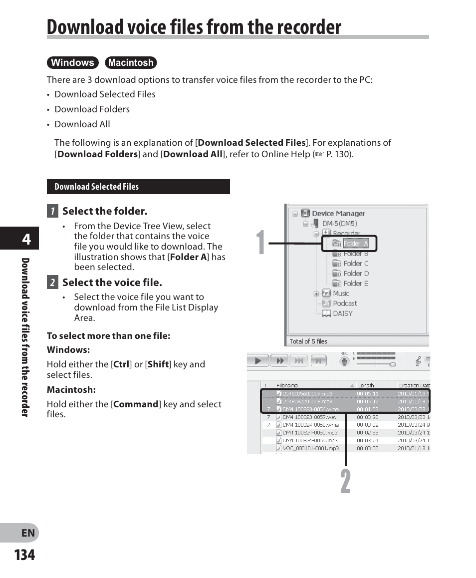 Download voice files from the recorder | Olympus DM-5 User Manual | Page 134 / 187