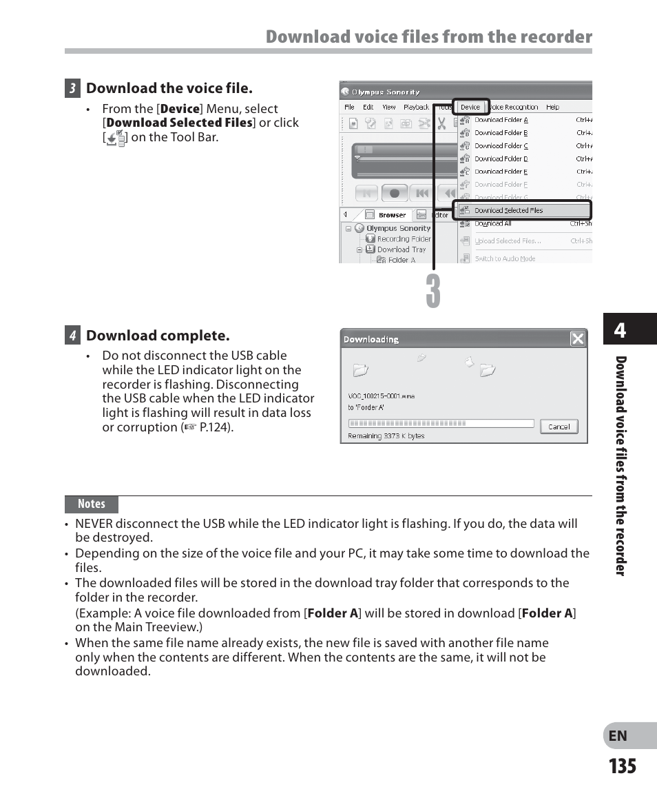 Download voice files from the recorder | Olympus DM-5 User Manual | Page 135 / 187