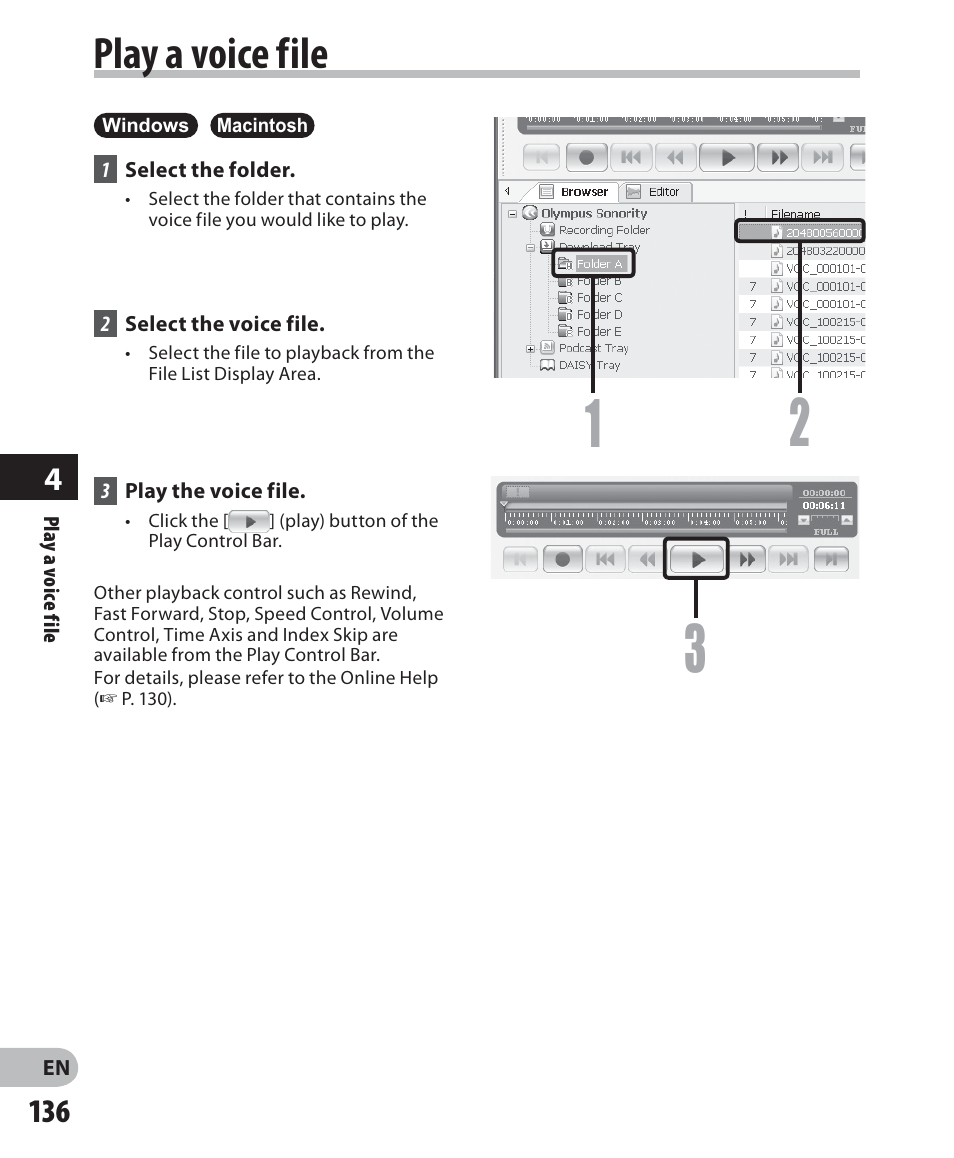Play a voice file | Olympus DM-5 User Manual | Page 136 / 187