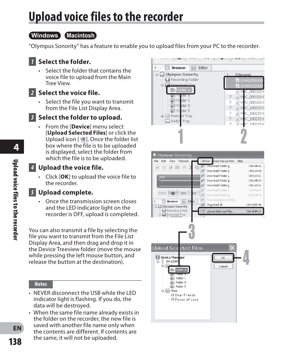 Upload voice files to the recorder | Olympus DM-5 User Manual | Page 138 / 187