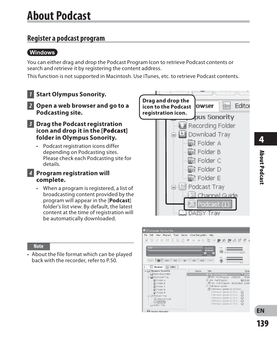 About podcast, Register a podcast program | Olympus DM-5 User Manual | Page 139 / 187