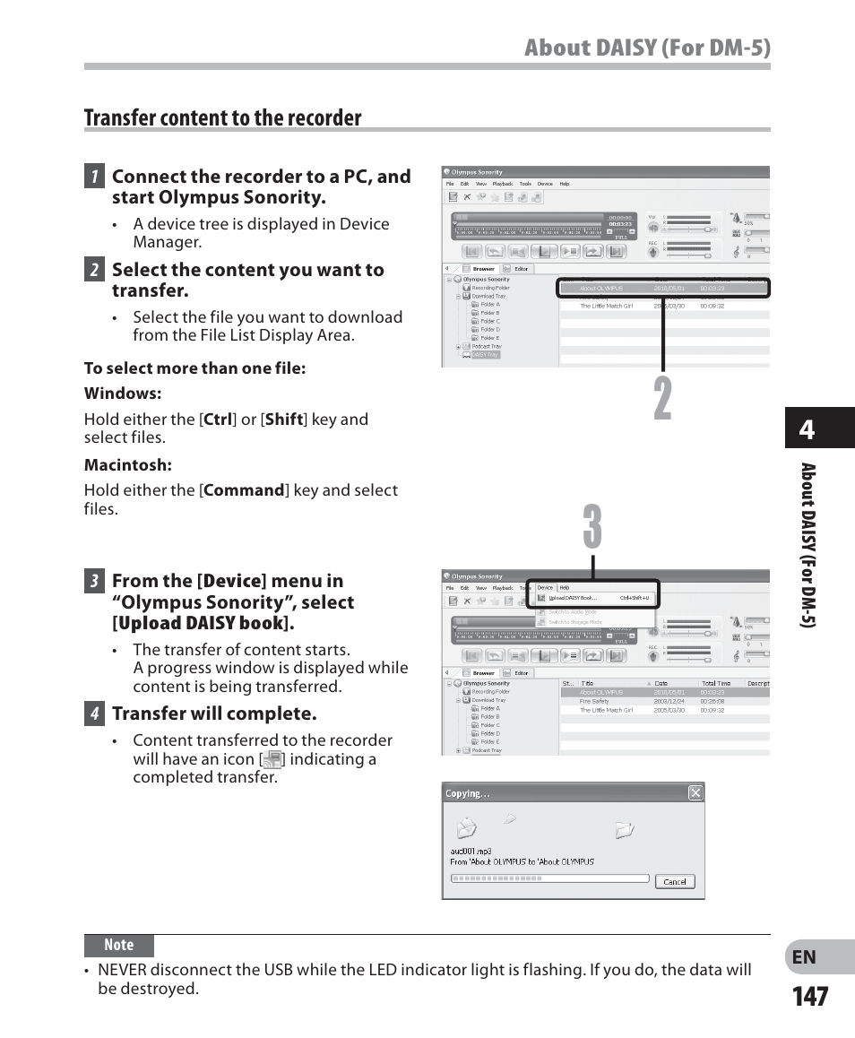 Transfer content to the recorder, About daisy (for dm-5) | Olympus DM-5 User Manual | Page 147 / 187
