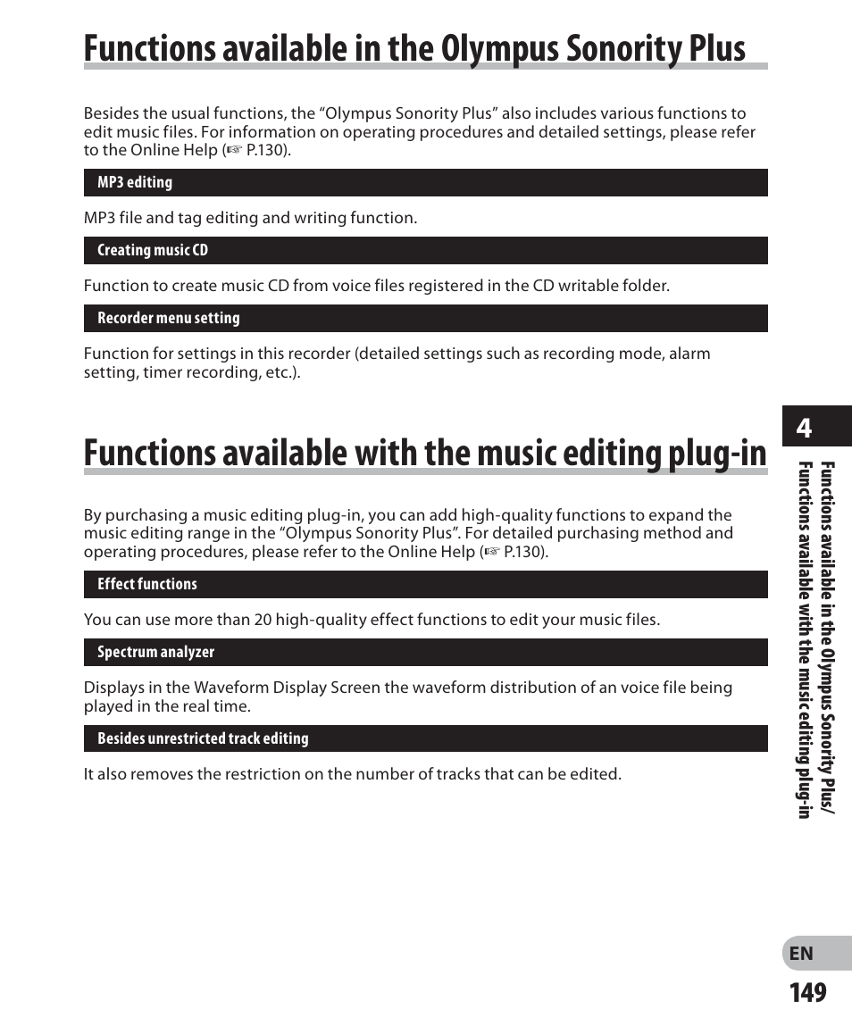 Functions available in the olympus sonority plus, Functions available with the music editing plug-in | Olympus DM-5 User Manual | Page 149 / 187