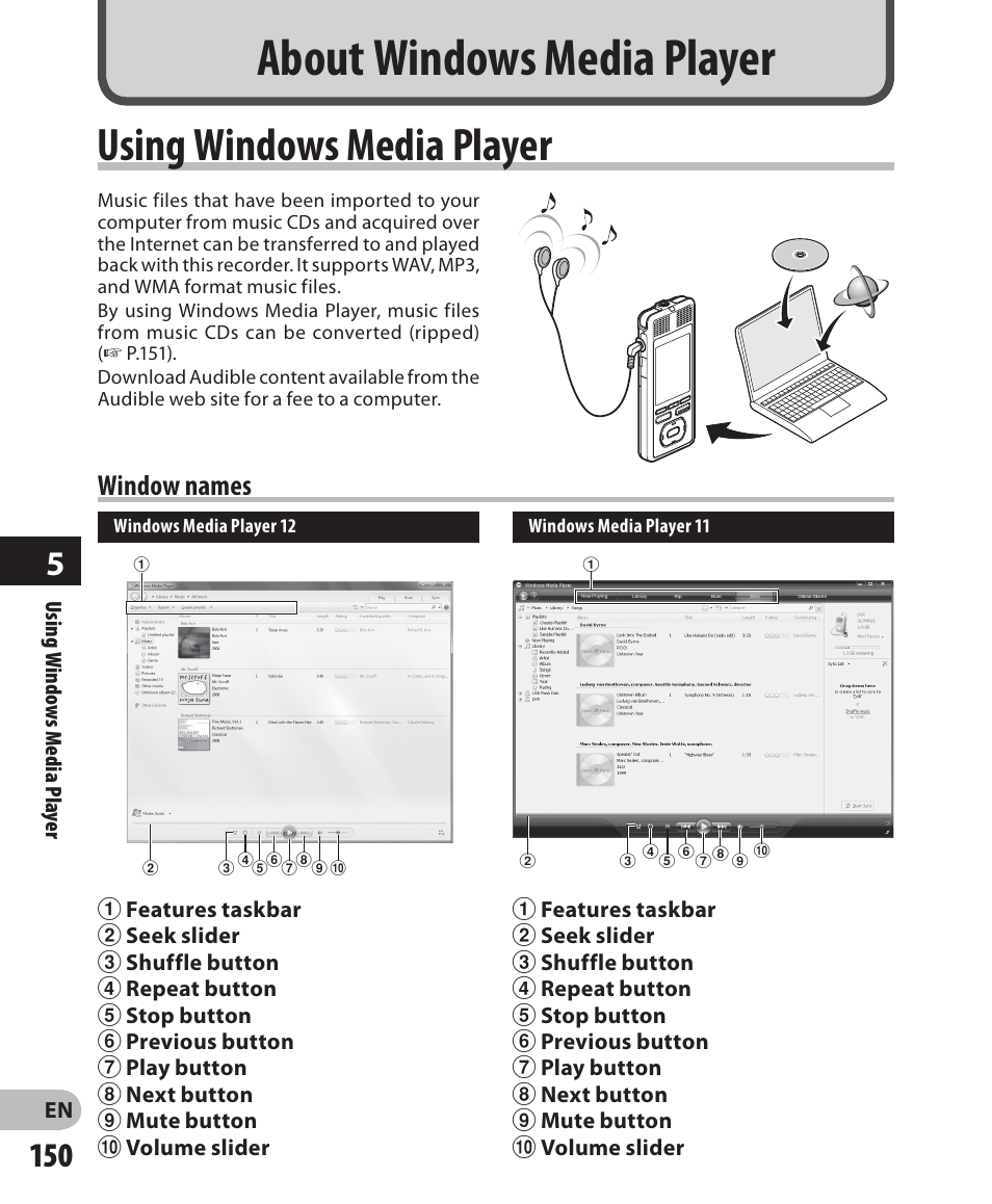 About windows media player, Using windows media player, Window names | Olympus DM-5 User Manual | Page 150 / 187