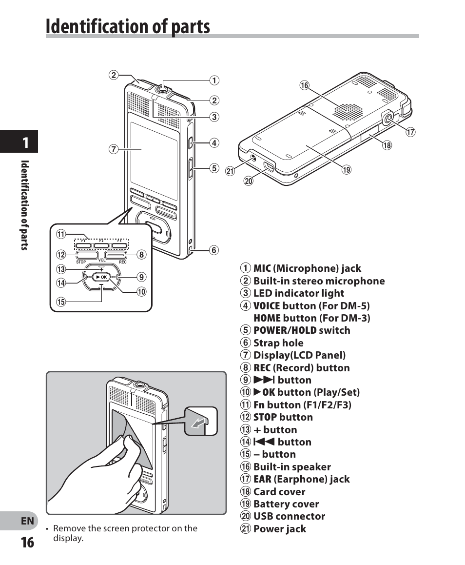 Identification of parts | Olympus DM-5 User Manual | Page 16 / 187